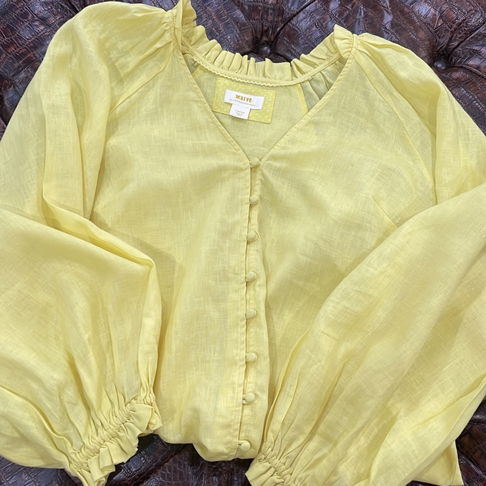 Anthropologie Maeve Audie Linen Puff-sleeve Blouse Yellow Womens, L